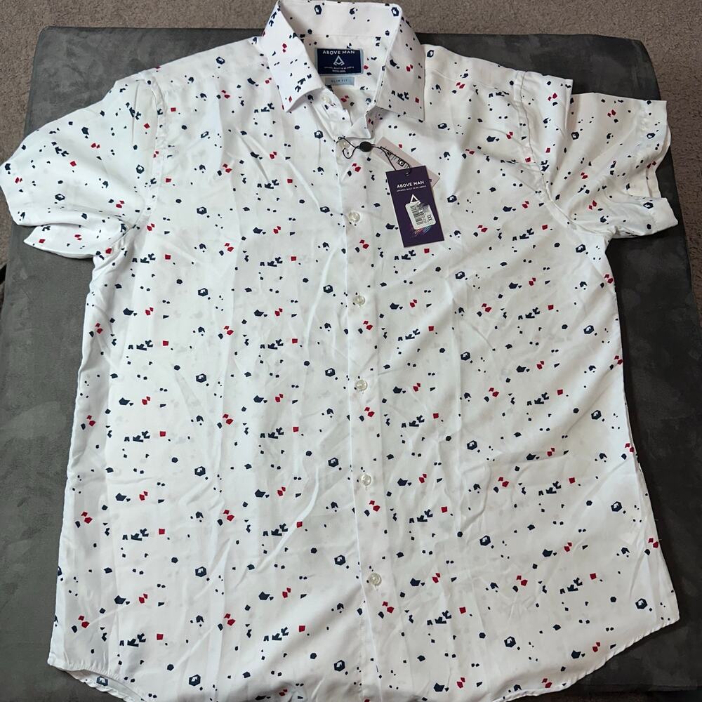 NWT Above Man Men's XXL Slim Fit White Button Up Short Sleeve Black Red Shirt